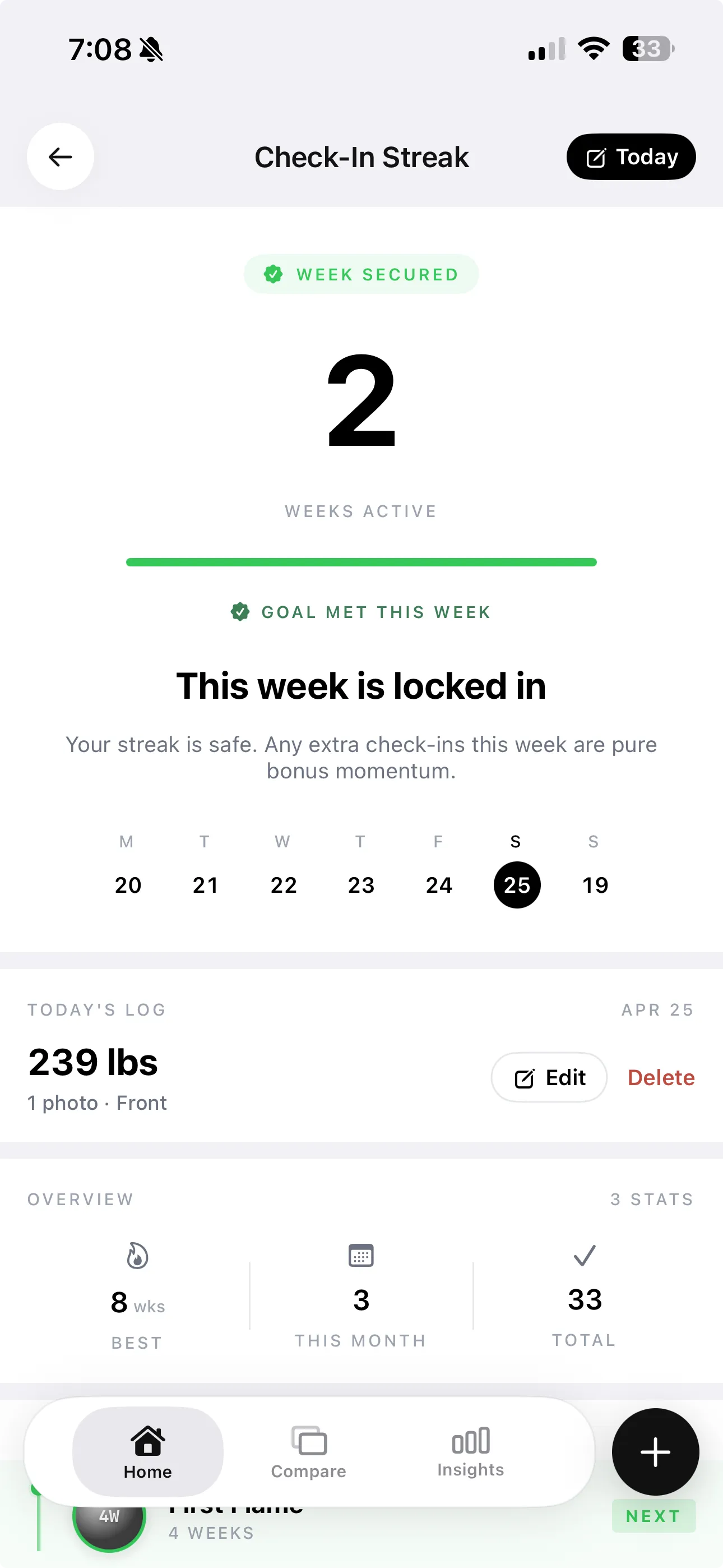 GainFrame check-in history screen