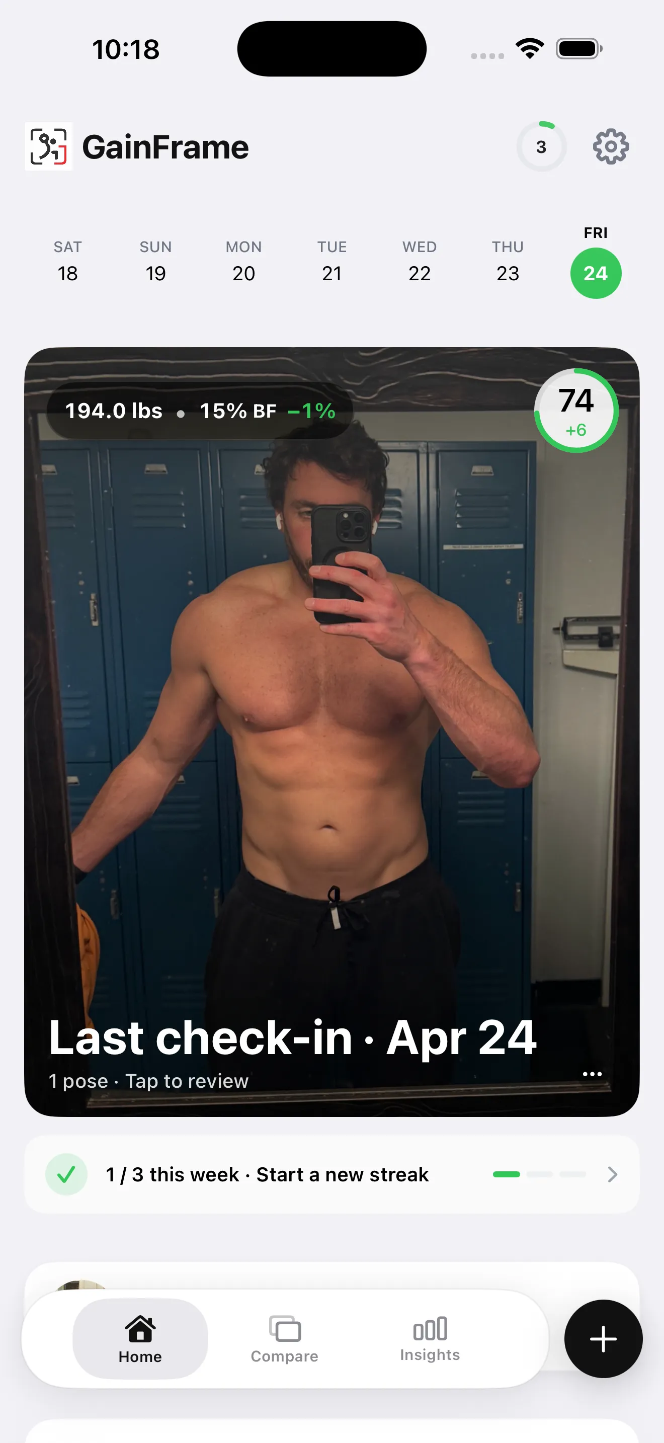 GainFrame home screen with last check-in