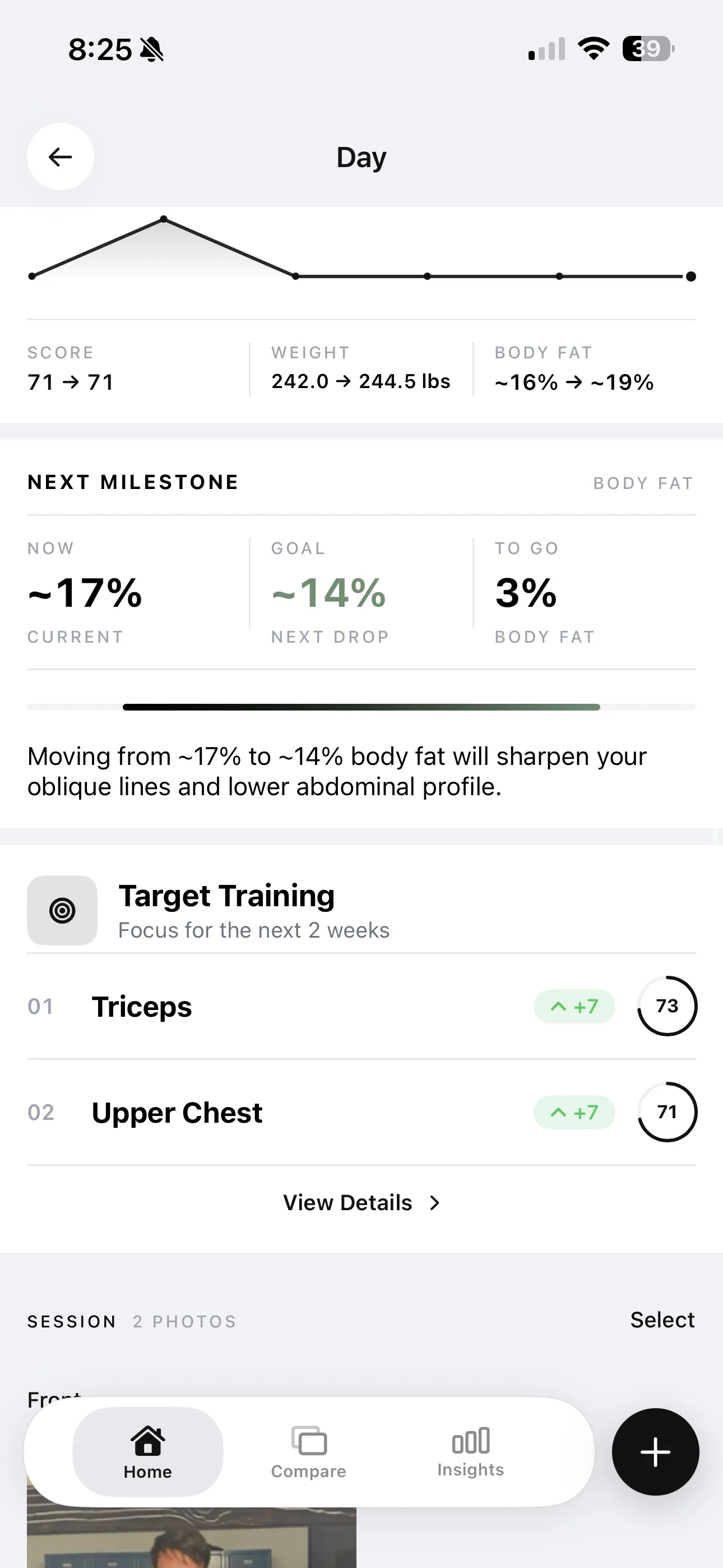 Next milestone screen with body fat goal