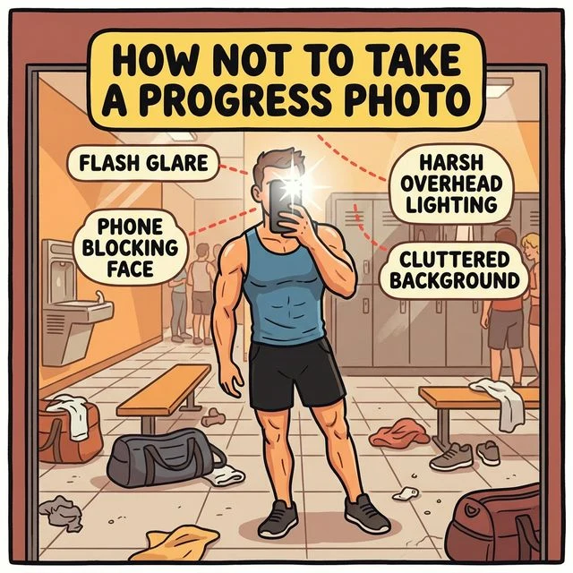 Bad progress photo setup — mirror selfie, cluttered background, flash