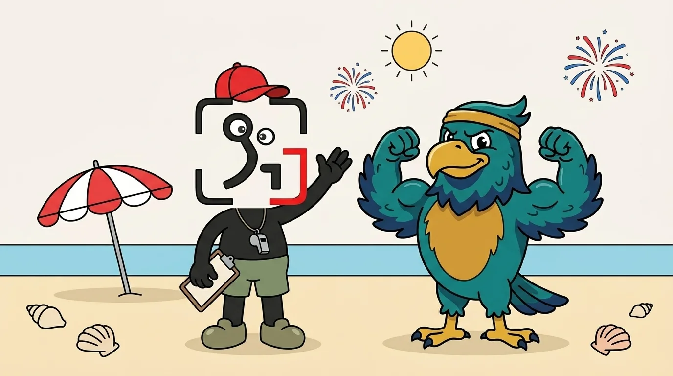 GainFrame Guy in a coach's cap coaching up a flexing cartoon seahawk mascot on a Wilmington beach with July 4th fireworks