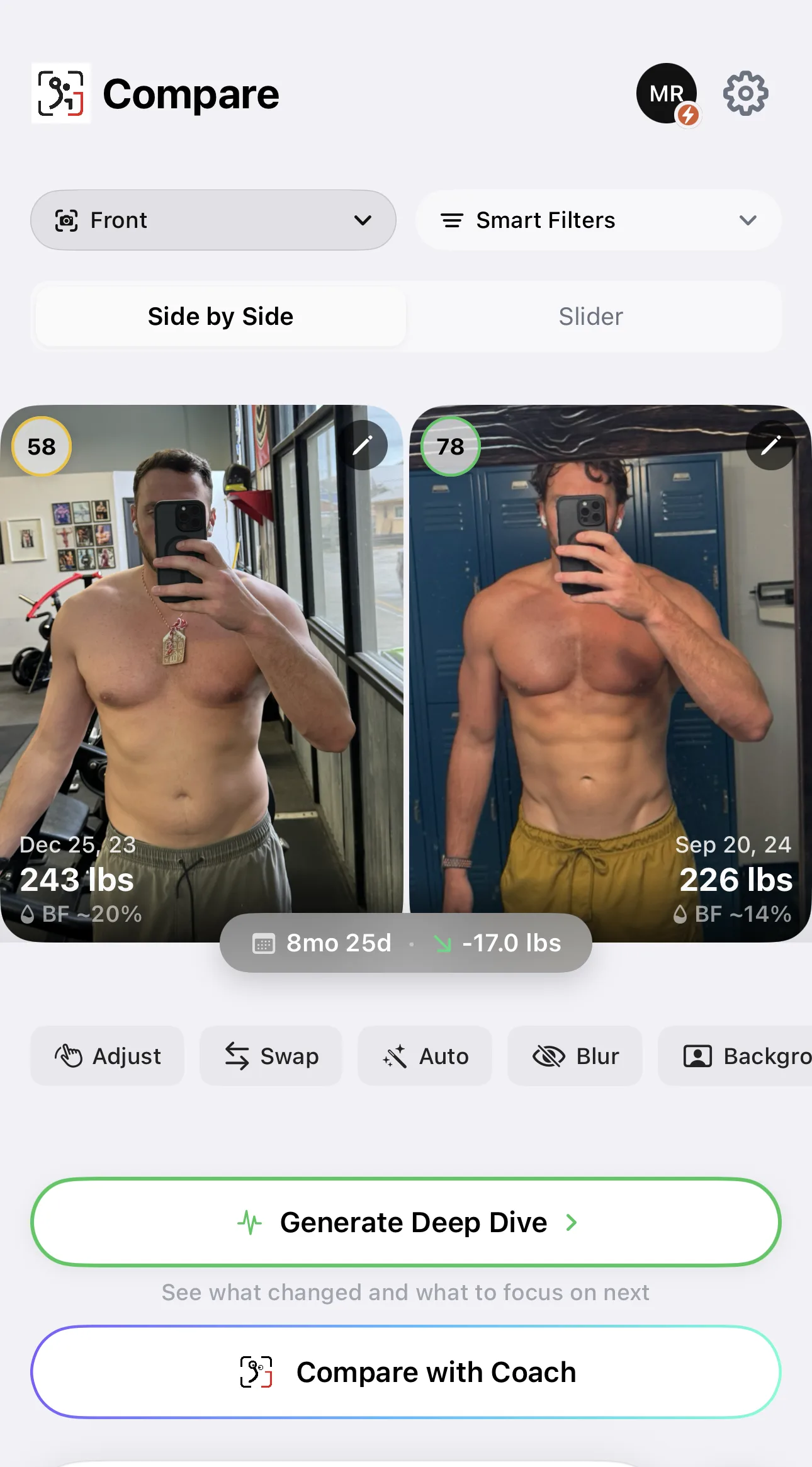 Example entry: screenshot of the GainFrame Compare screen showing two progress photos side by side