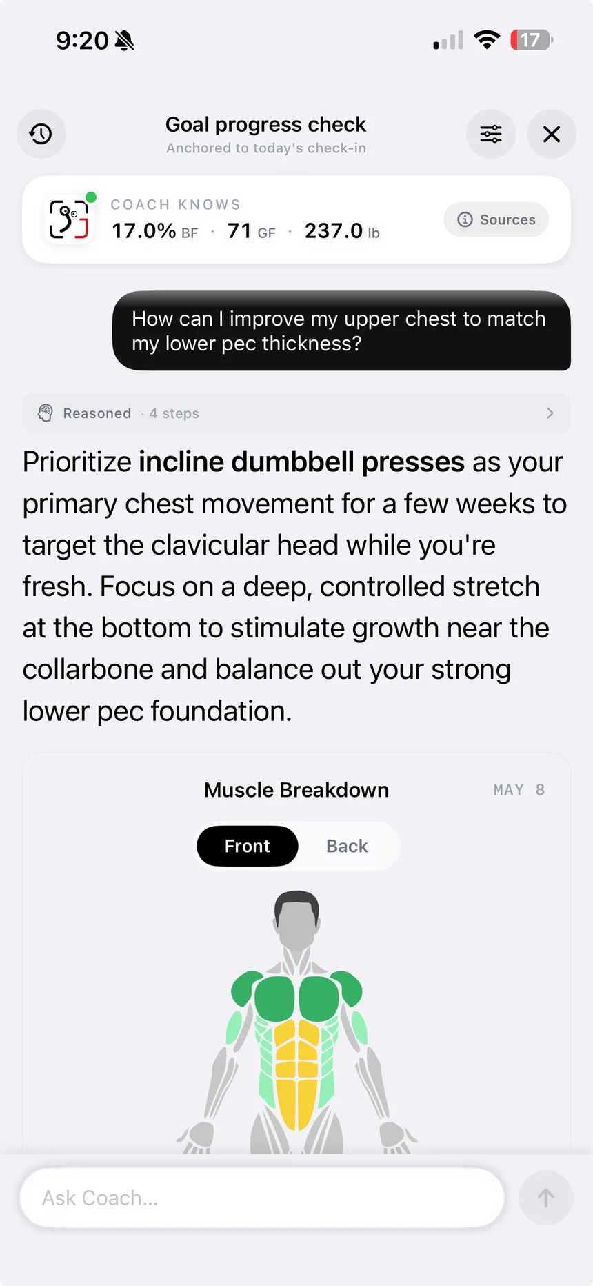 GainFrame Coach recommending incline dumbbell presses to improve upper chest development based on muscle analysis.