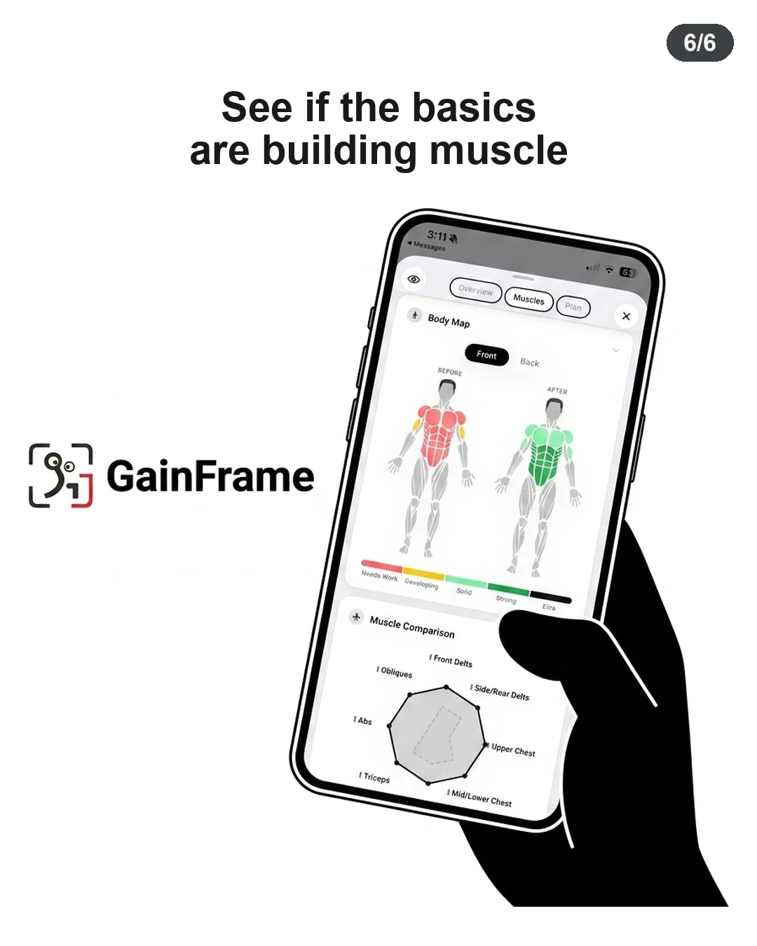 A hand holds a smartphone displaying the GainFrame app progress tracking interface.
