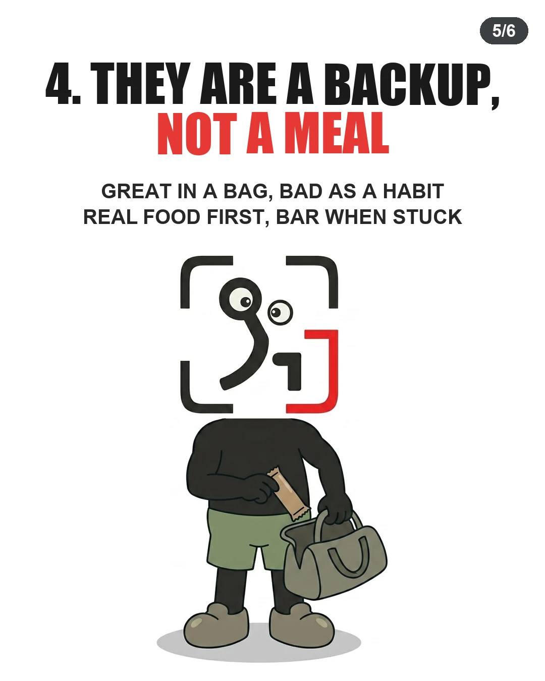 The GainFrame mascot packs a protein bar into a duffel bag to show bars should be an emergency backup rather than a daily meal.