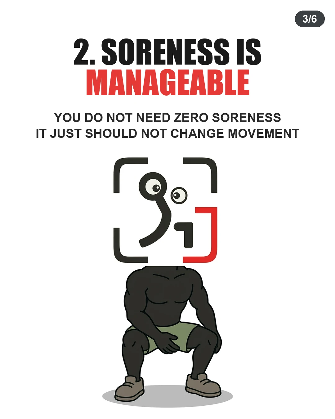 The GainFrame mascot squats smoothly, demonstrating that manageable muscle soreness should not restrict normal movement patterns.