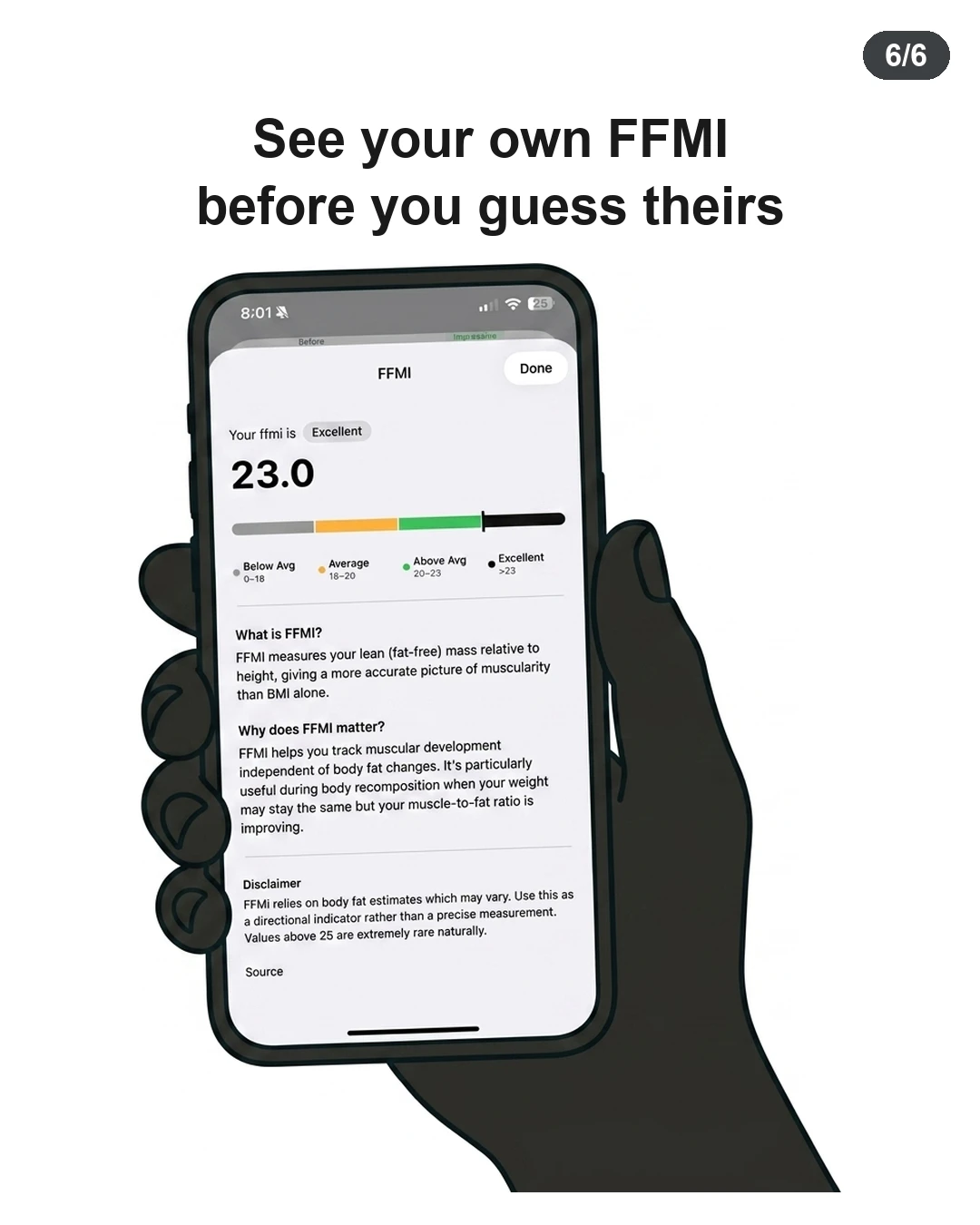 A hand holds a phone showing an FFMI score of 23.0, encouraging lifters to assess their own muscularity metrics.