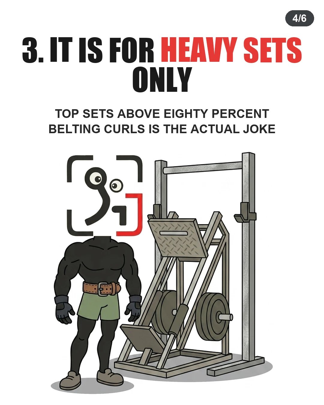 The GainFrame mascot wears a lifting belt while standing next to heavy gym equipment to emphasize using belts only for heavy top sets.
