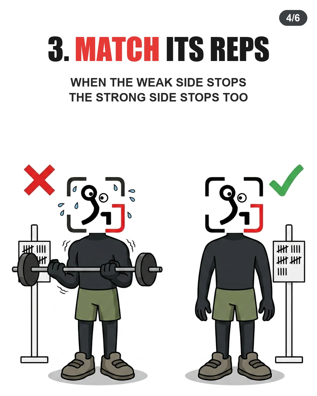 The GainFrame mascot stops lifting on the strong side once the weak side reaches its repetition limit.