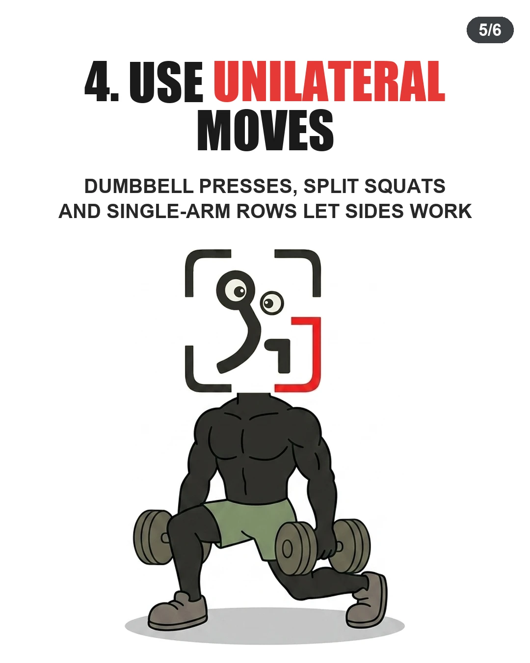 The GainFrame mascot performs split squats with dumbbells to demonstrate using unilateral exercises to train each side independently.
