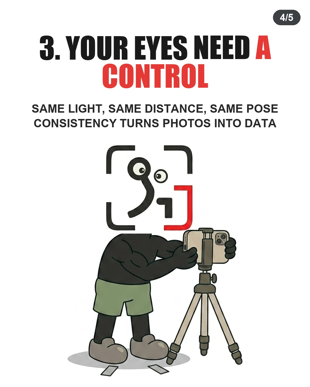 The GainFrame mascot sets up a smartphone on a tripod over tape markers on the floor to show how consistent photography setup creates reliable progress tracking.