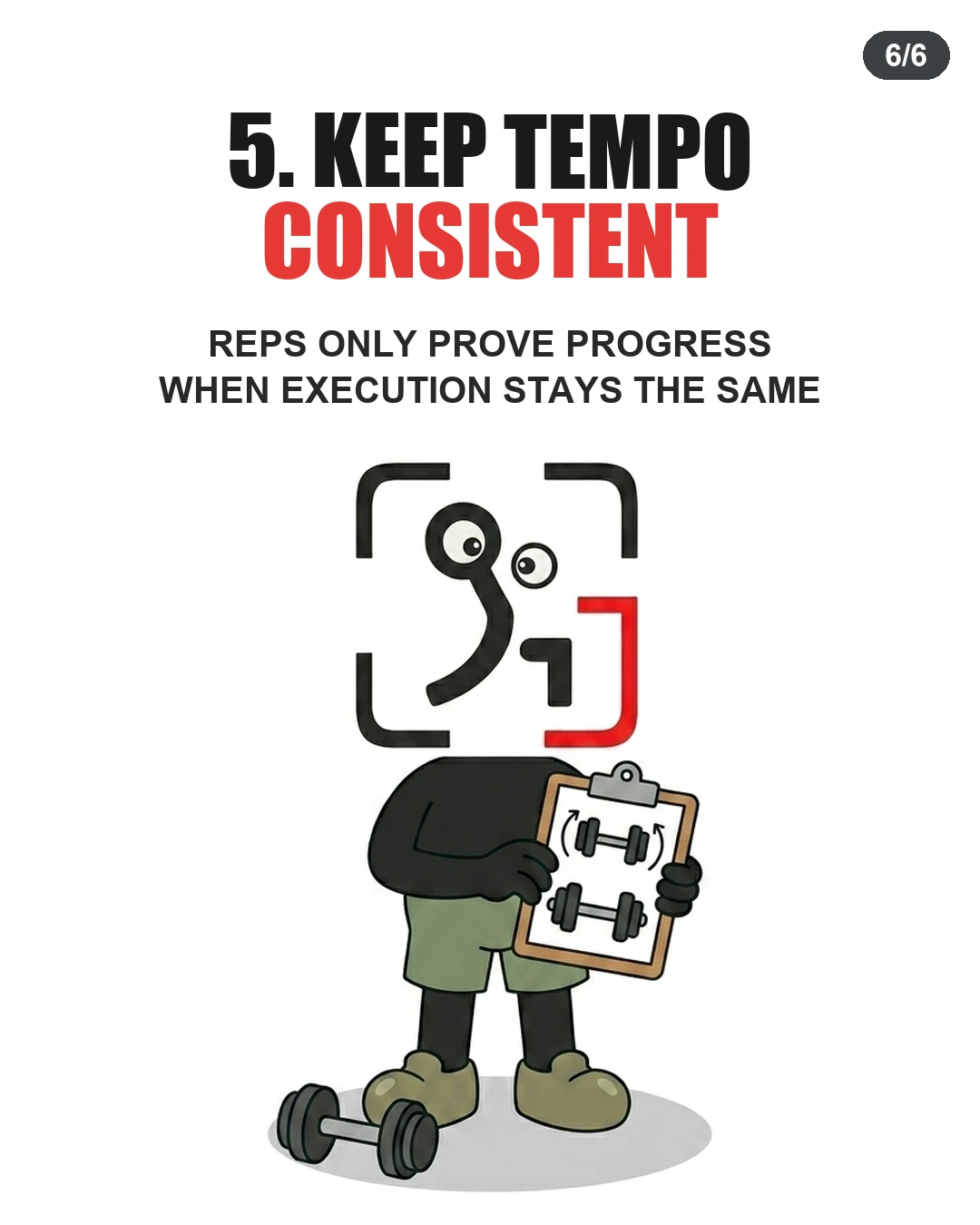 The GainFrame mascot checks a workout tracking clipboard to emphasize keeping rep execution consistent.