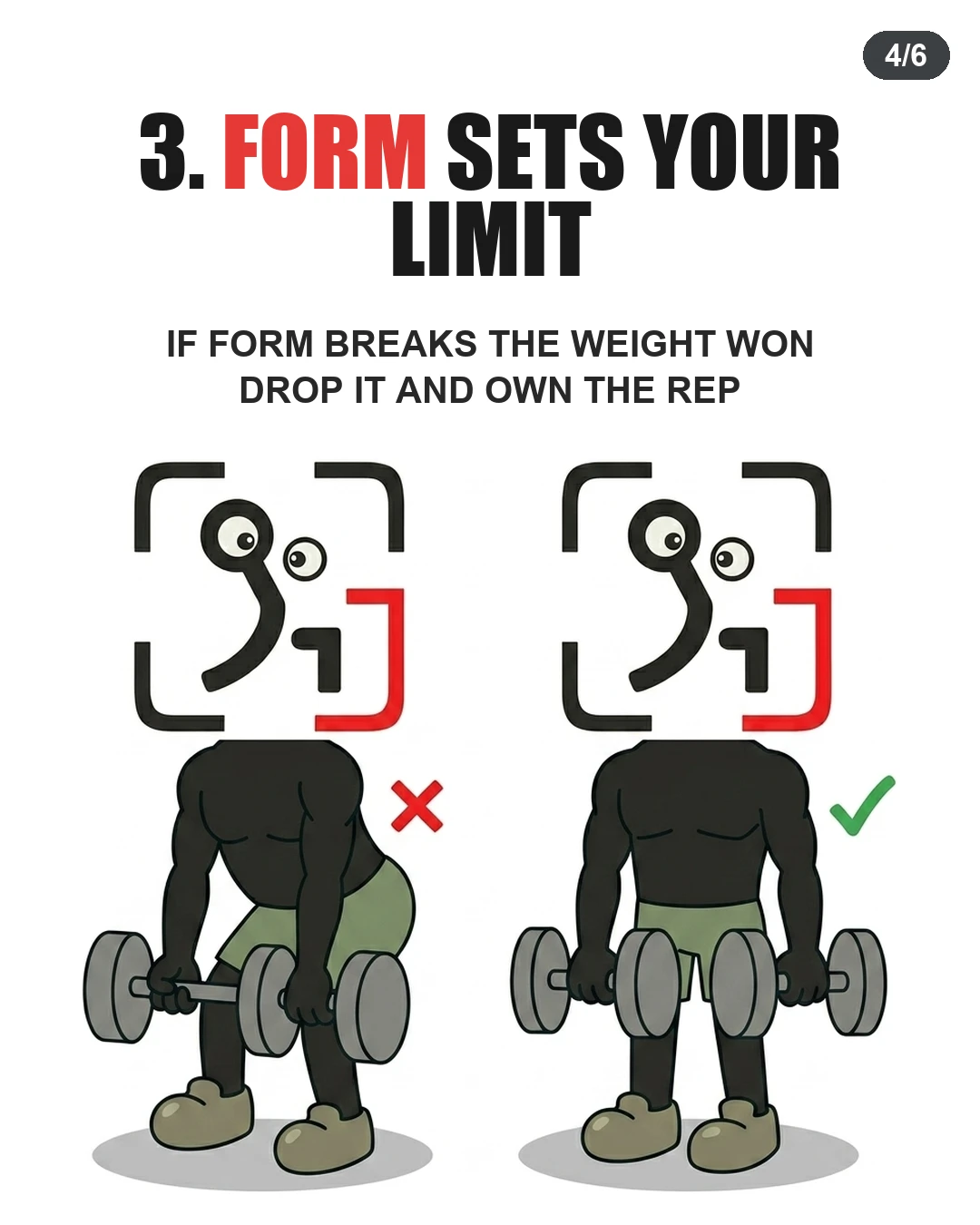 The GainFrame mascot compares poor rounded-back form with correct straight-back form to emphasize maintaining proper technique.