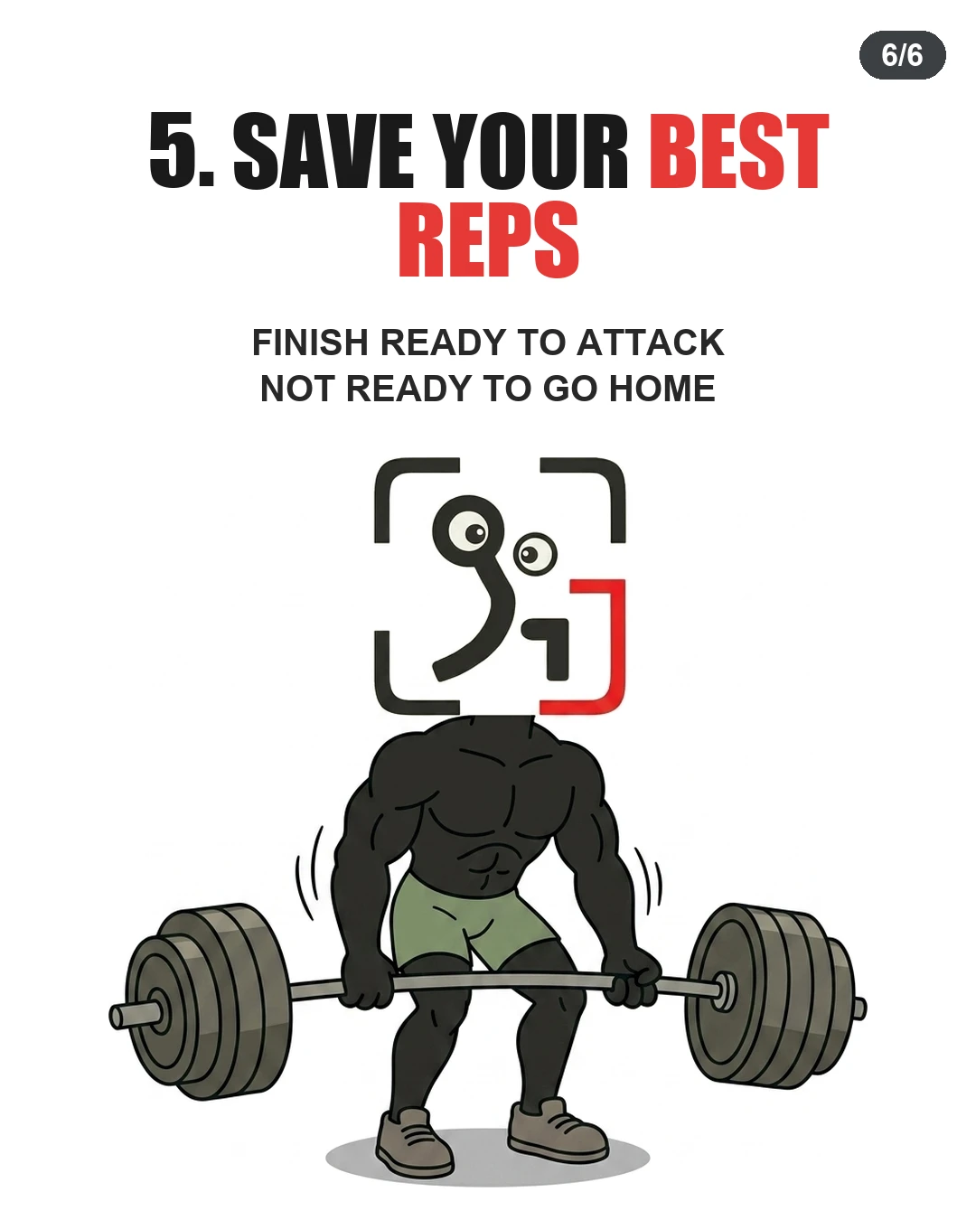The GainFrame mascot performs a heavy barbell lift, reinforcing the goal of preserving energy for the main working sets.
