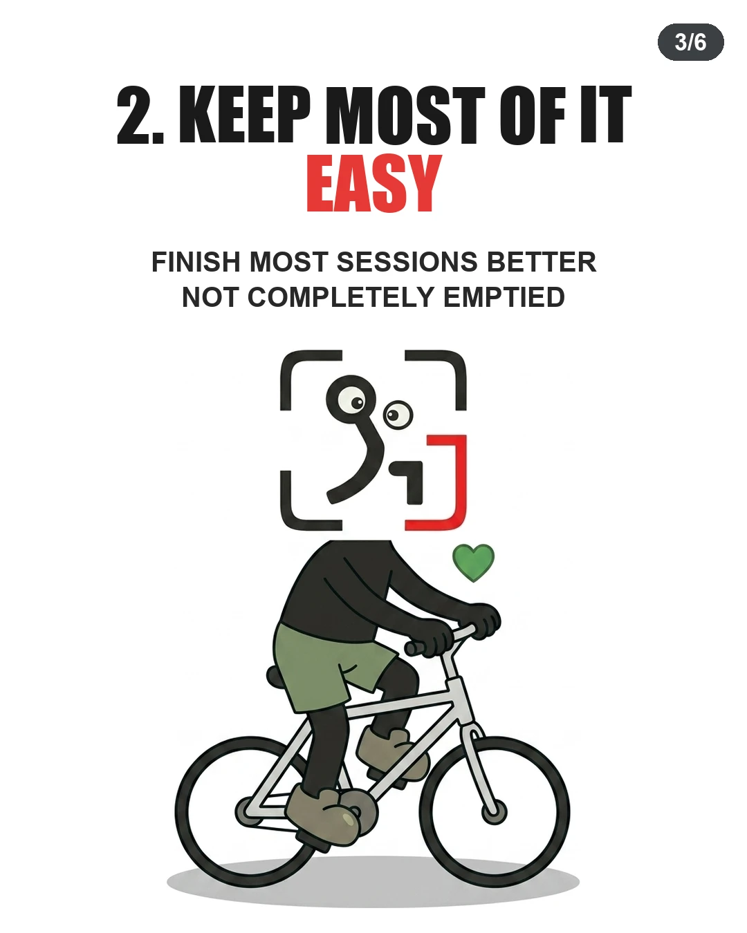 The GainFrame mascot casually rides a bicycle beneath a green heart icon, showing that most cardio sessions should feel manageable rather than exhausting.