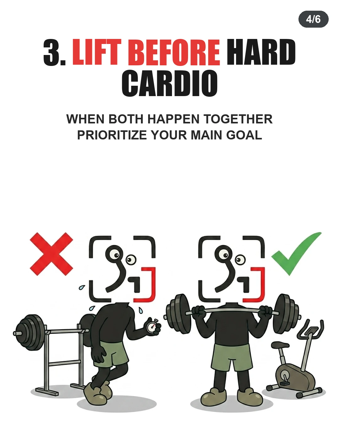 A comparison shows an exhausted mascot trying to bench press after running marked with a red X, versus an energized mascot lifting weights before biking marked with a green checkmark.