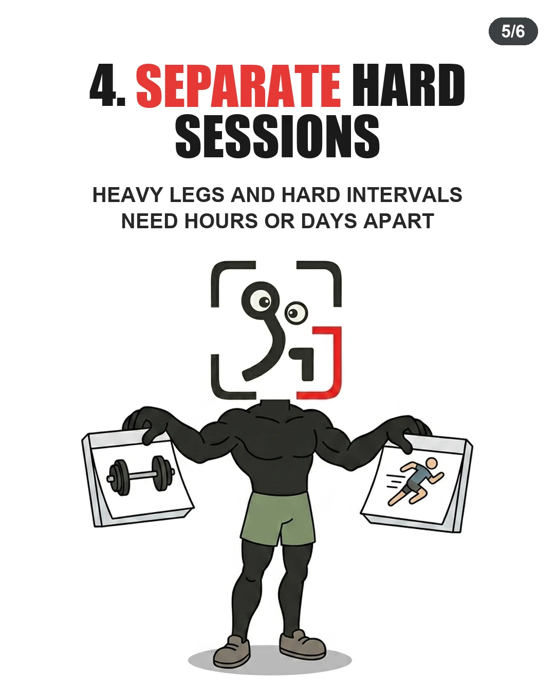 The muscular GainFrame mascot holds two calendar pages representing weightlifting and running, emphasizing the need to space out intense workouts.