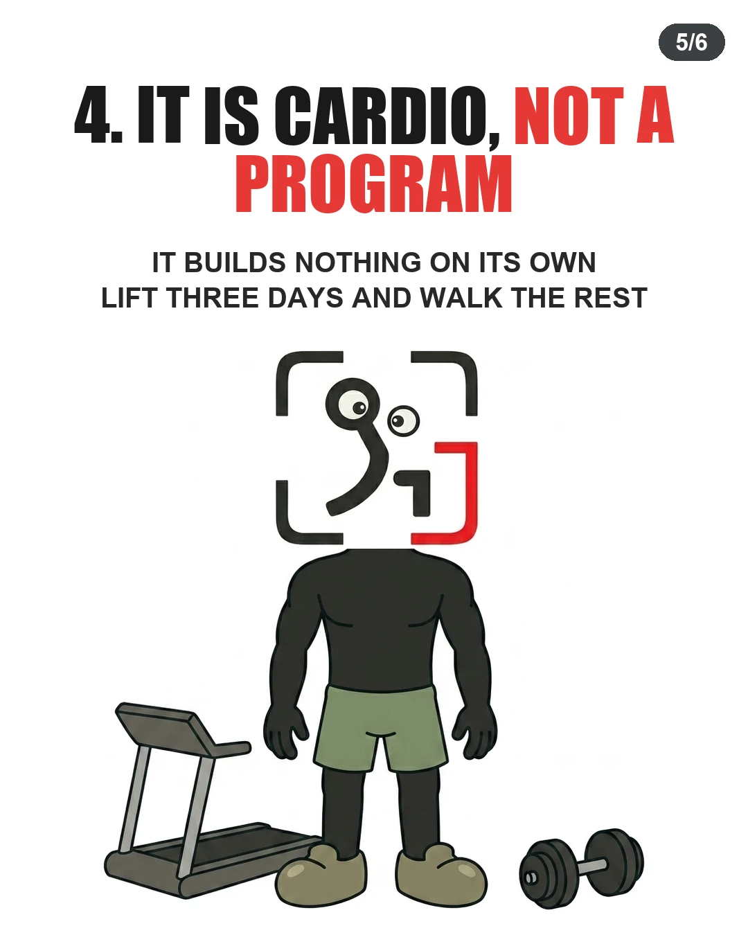 The GainFrame mascot holds a barbell over its head next to a treadmill to emphasize combining strength training with treadmill cardio.