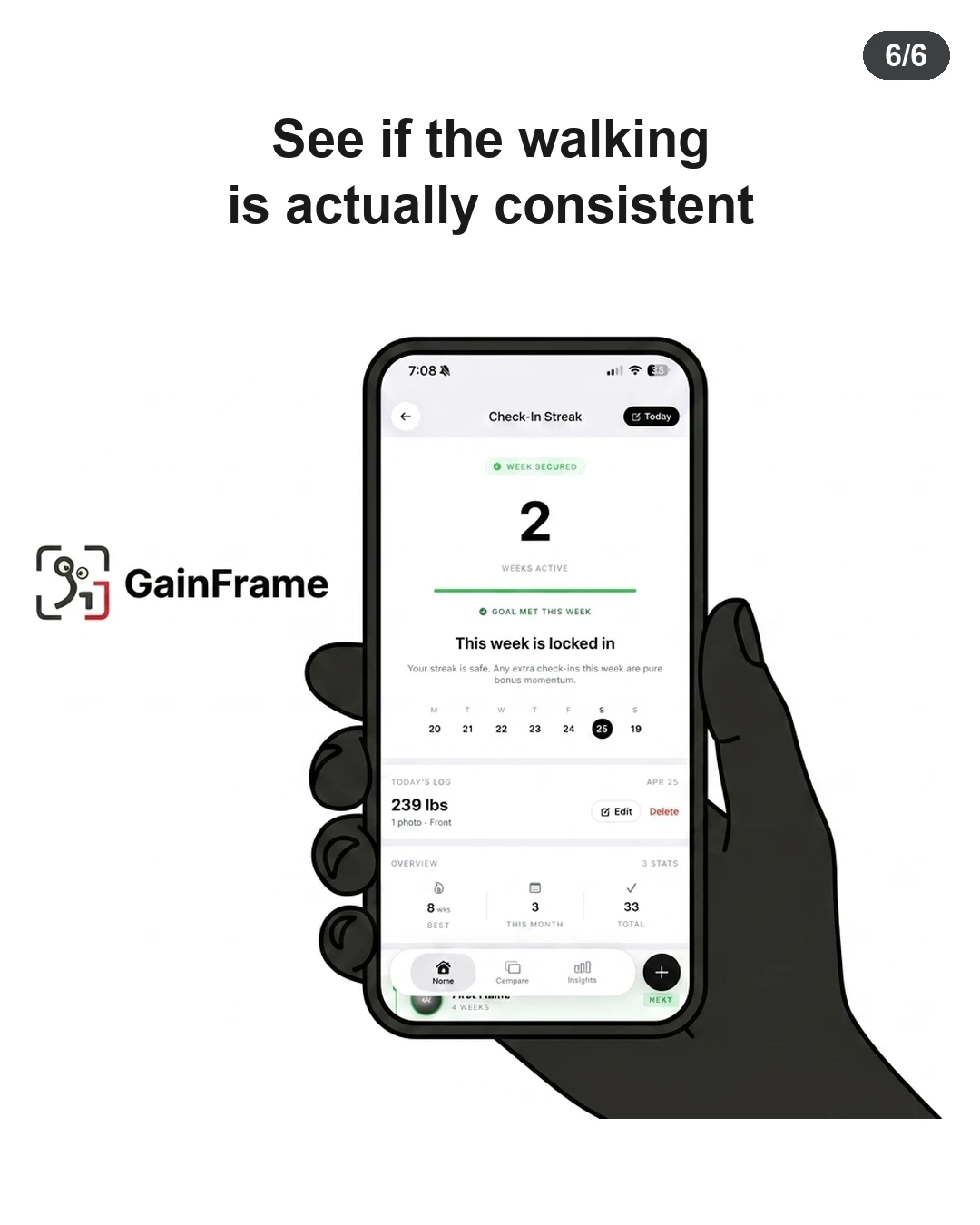 A hand holds a smartphone displaying the GainFrame app tracking weekly workout consistency and streaks.