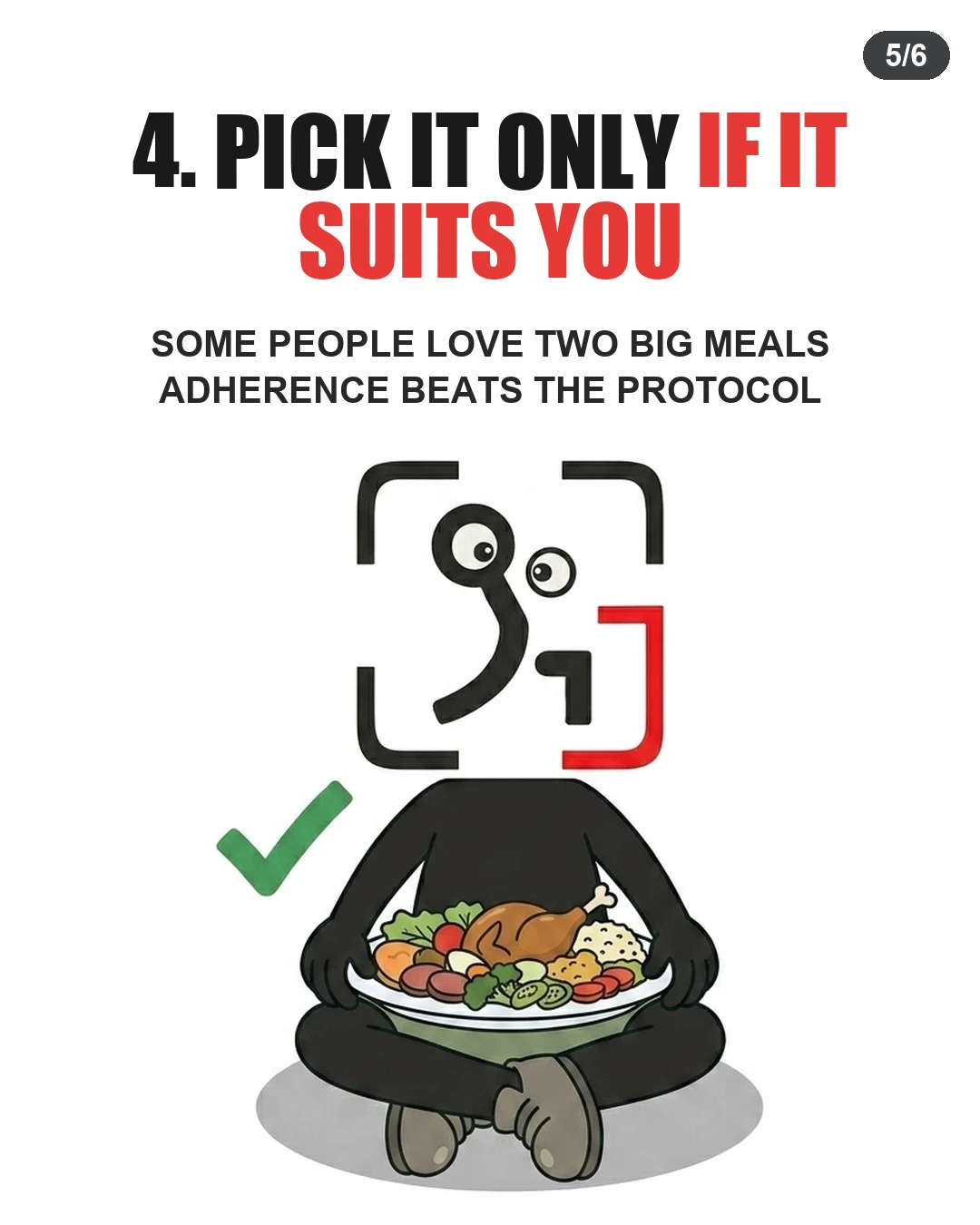 The GainFrame mascot happily sits with a huge feast plate next to a green checkmark, highlighting that adherence to your preferred diet structure matters most.