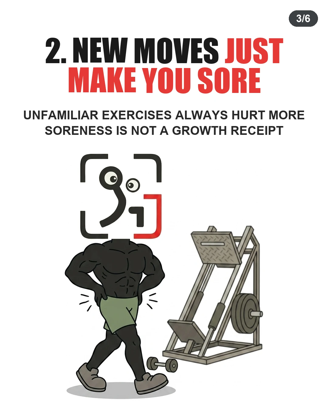 The GainFrame mascot holds their sore lower back while walking past a leg press machine, showing that soreness from new movements is not proof of muscle growth.