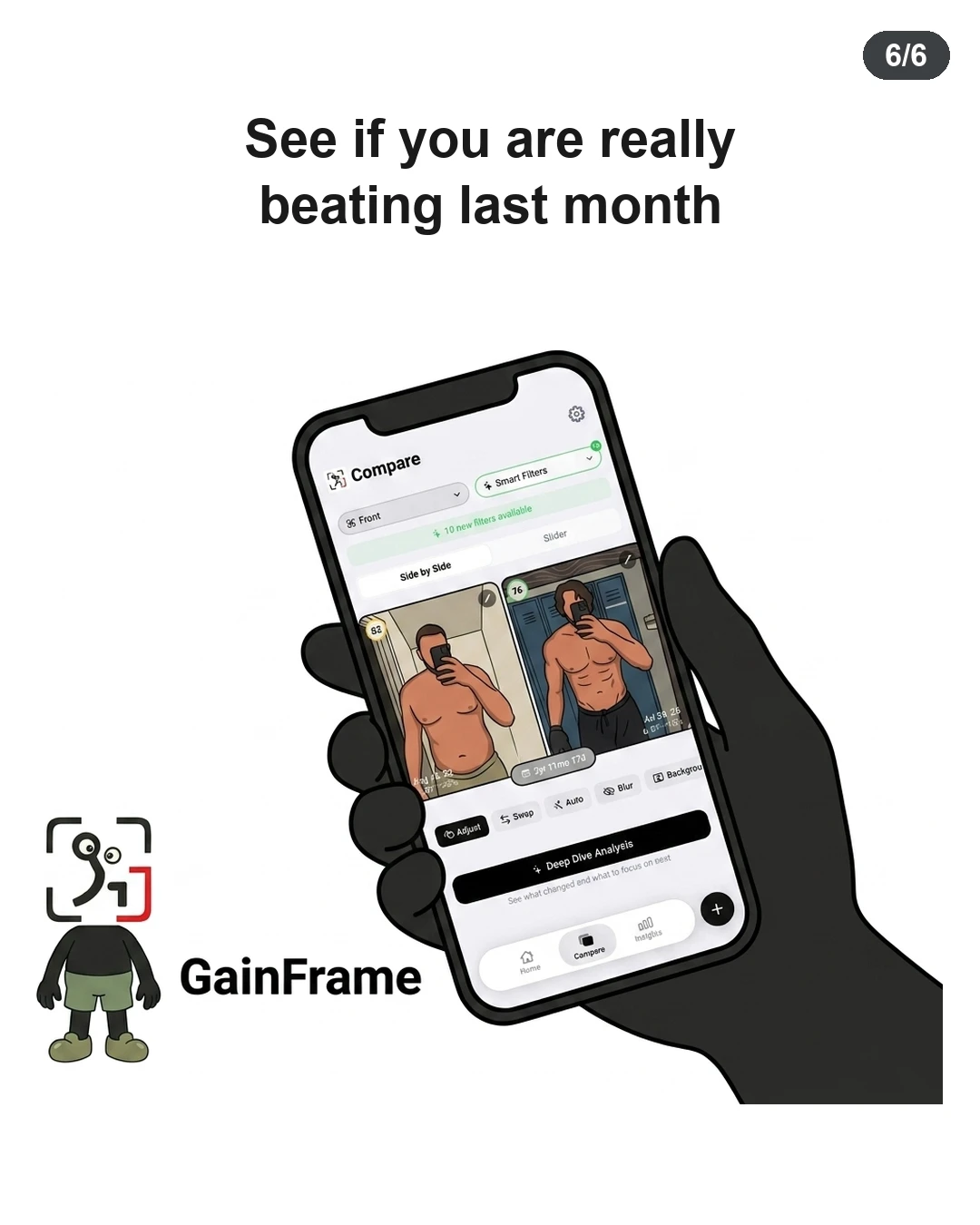 A hand holds a smartphone displaying the GainFrame progress tracking app next to the GainFrame mascot and brand name.