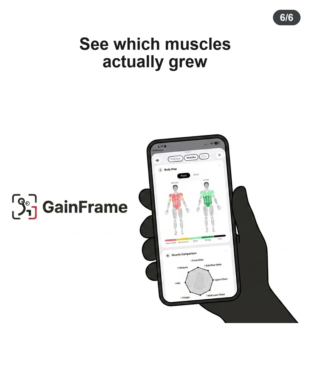 A hand holds a smartphone displaying the GainFrame app body map interface for tracking muscle growth.
