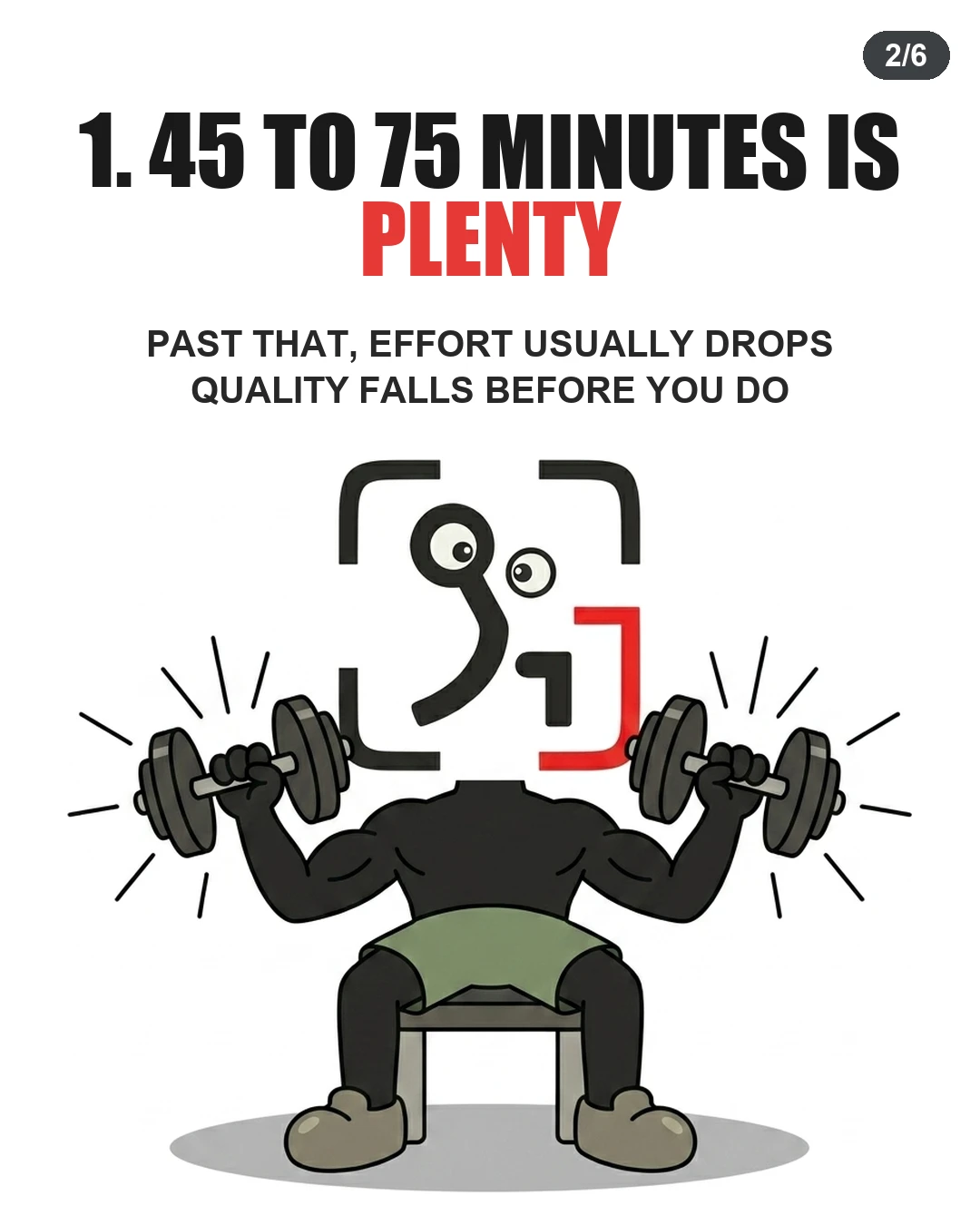 The GainFrame mascot lifts dumbbells to illustrate that 45 to 75 minutes is plenty for a workout.