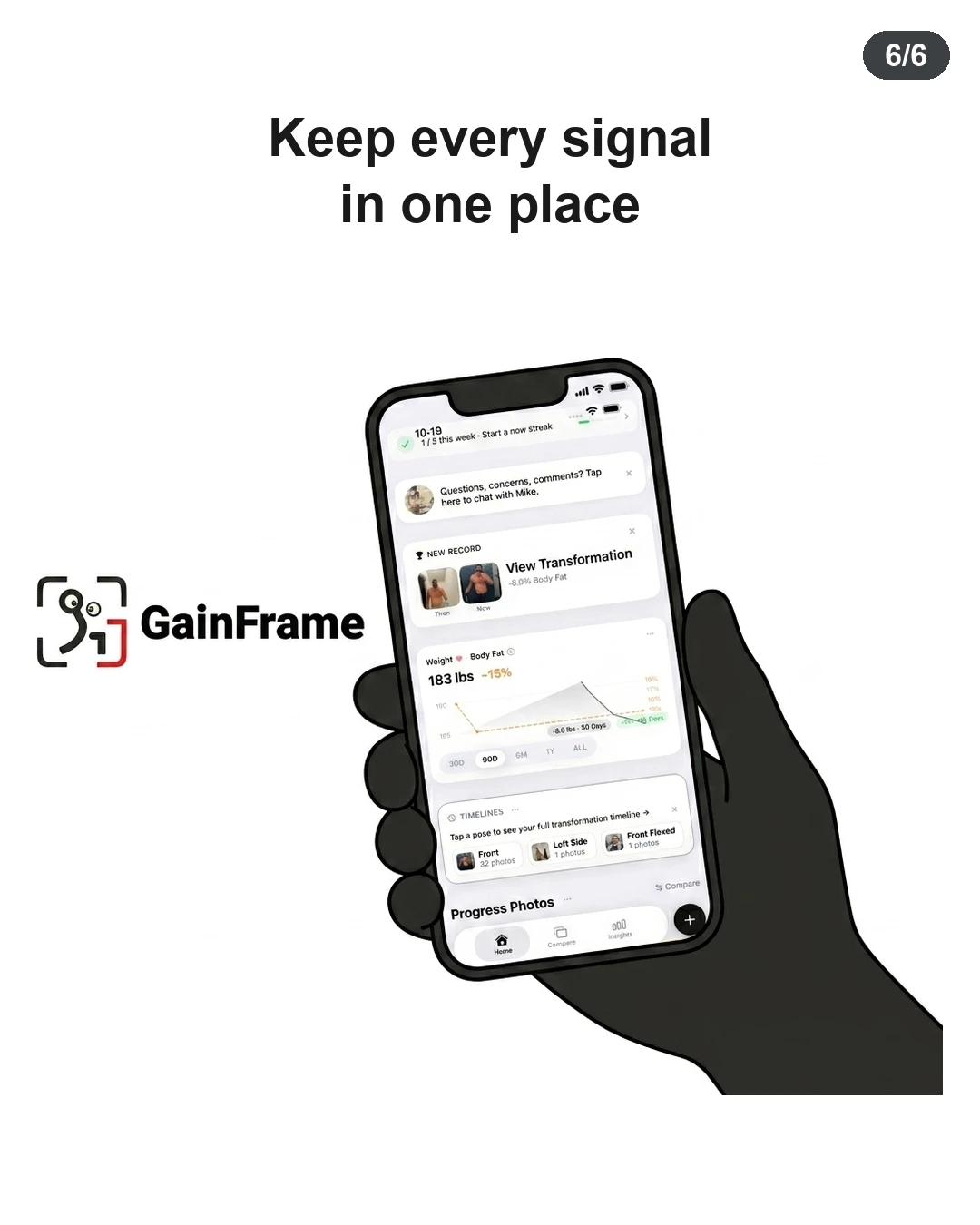 A hand holds a smartphone displaying the GainFrame app interface, unifying strength logs, body weight trends, and progress photos in one dashboard.