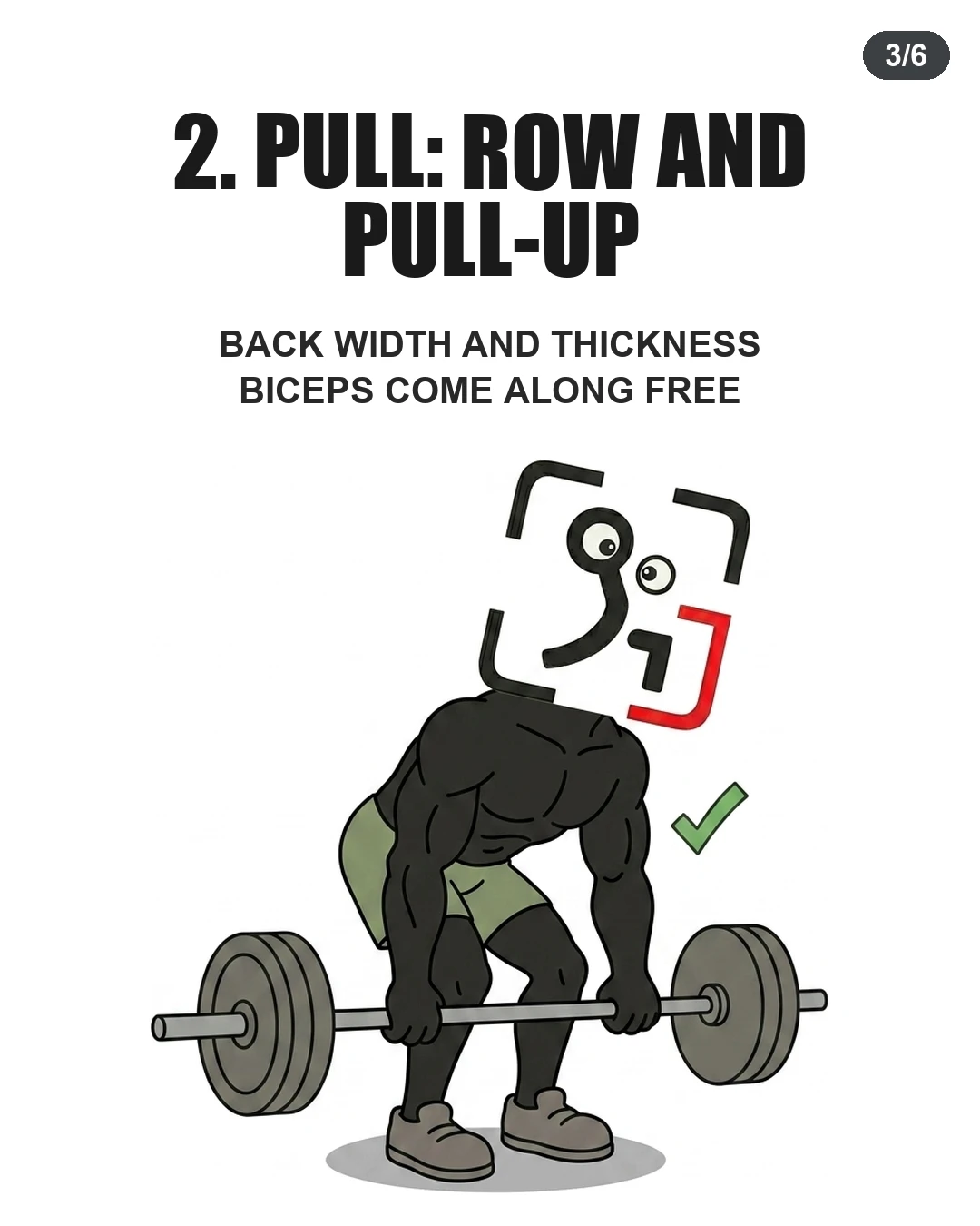 The GainFrame mascot executes a bent-over barbell row to illustrate effective pull movements for back and biceps development.
