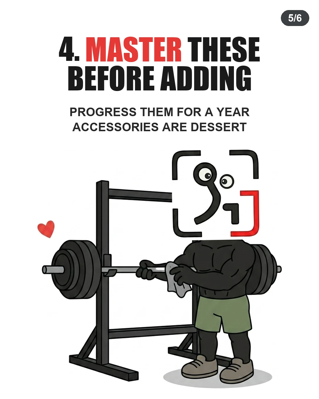 The GainFrame mascot affectionately wipes down a barbell racked on a squat rack, promoting long-term commitment to foundational lifts.