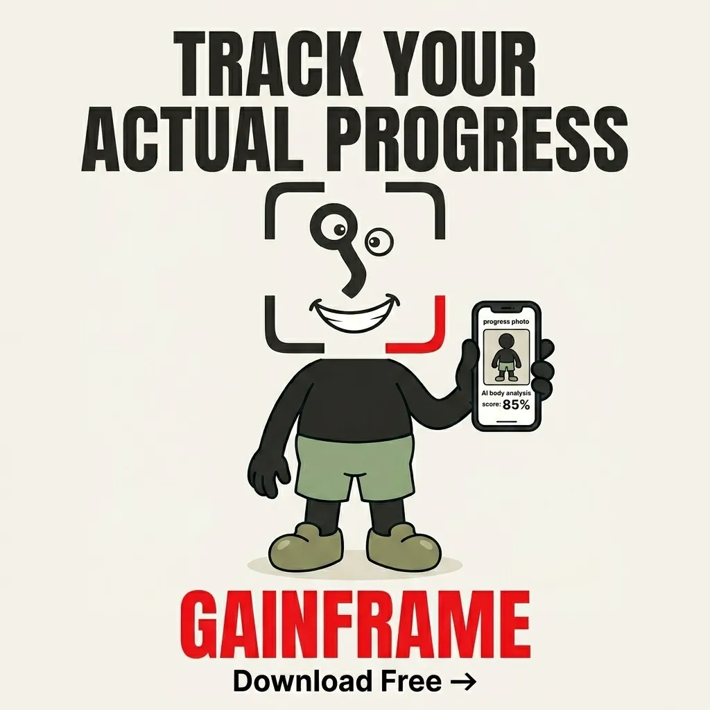 The GainFrame mascot holds up a smartphone displaying a progress tracking app, encouraging users to monitor their fitness journey.