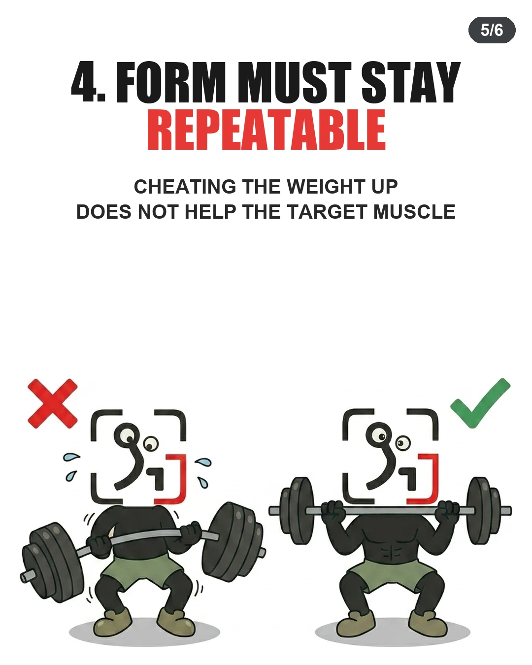 The GainFrame mascot shows poor form with a red cross compared to strict barbell form with a green checkmark.