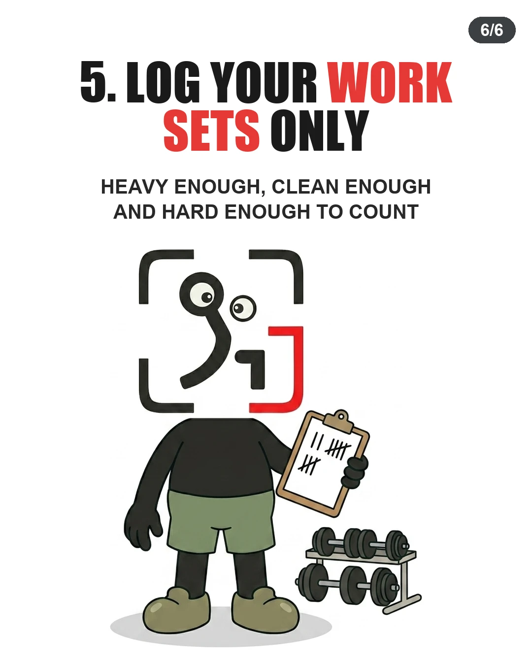 The GainFrame mascot tracks completed sets on a clipboard beside a weight rack to emphasize recording only true working sets.