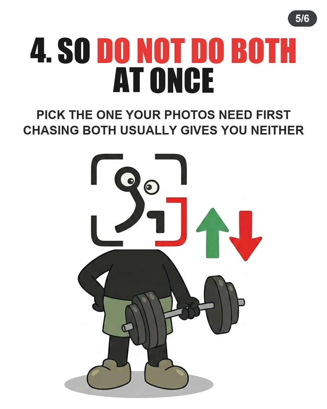 The GainFrame mascot lifts a dumbbell near opposing direction arrows, advising viewers to focus on one fitness goal at a time.