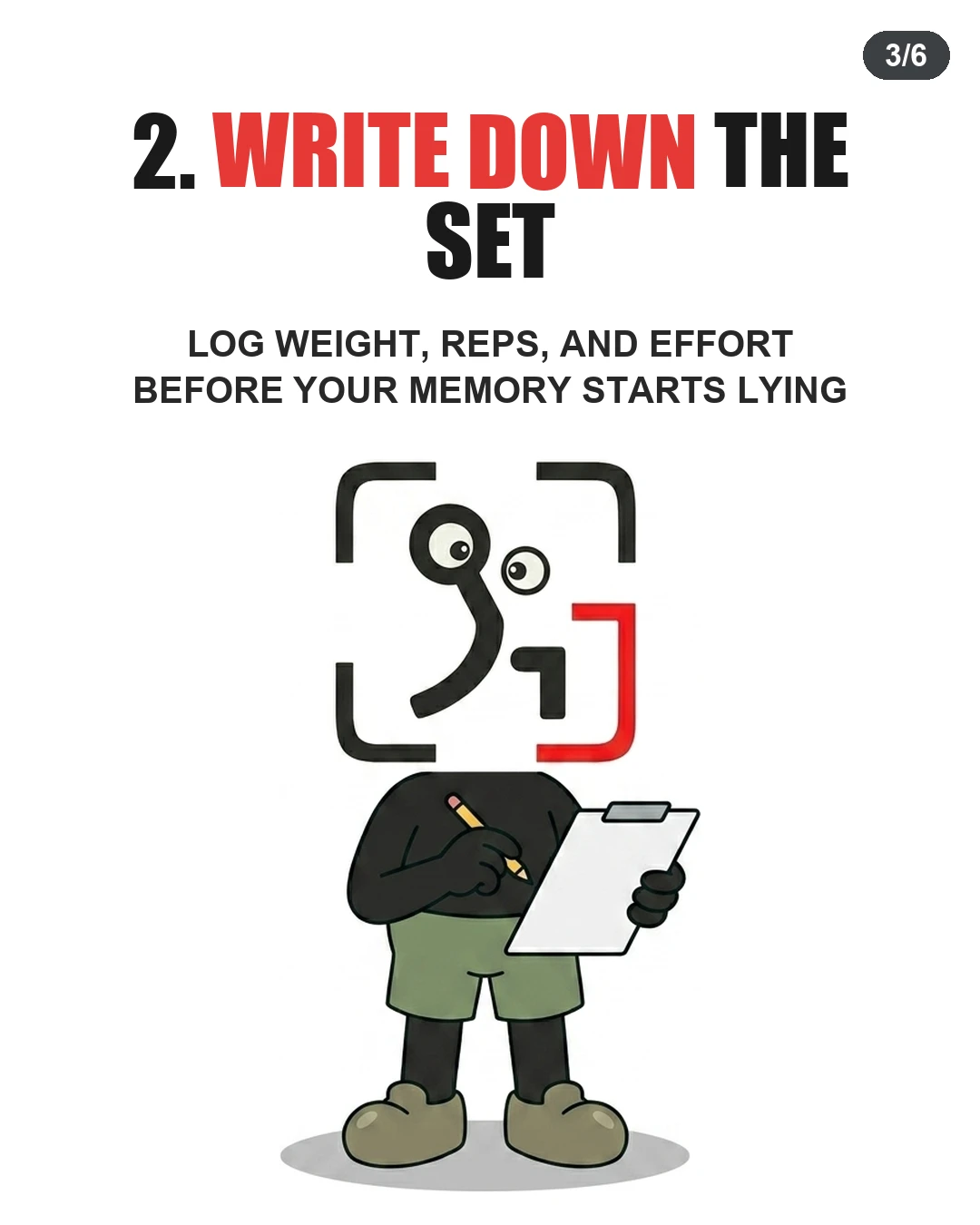 The GainFrame mascot records reps and weight on a clipboard to accurately log performance right after the set.