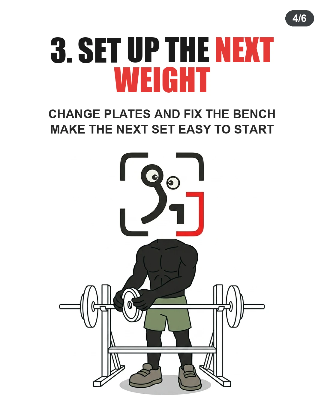 The GainFrame mascot loads weight plates onto a barbell rack to prepare for the upcoming set.