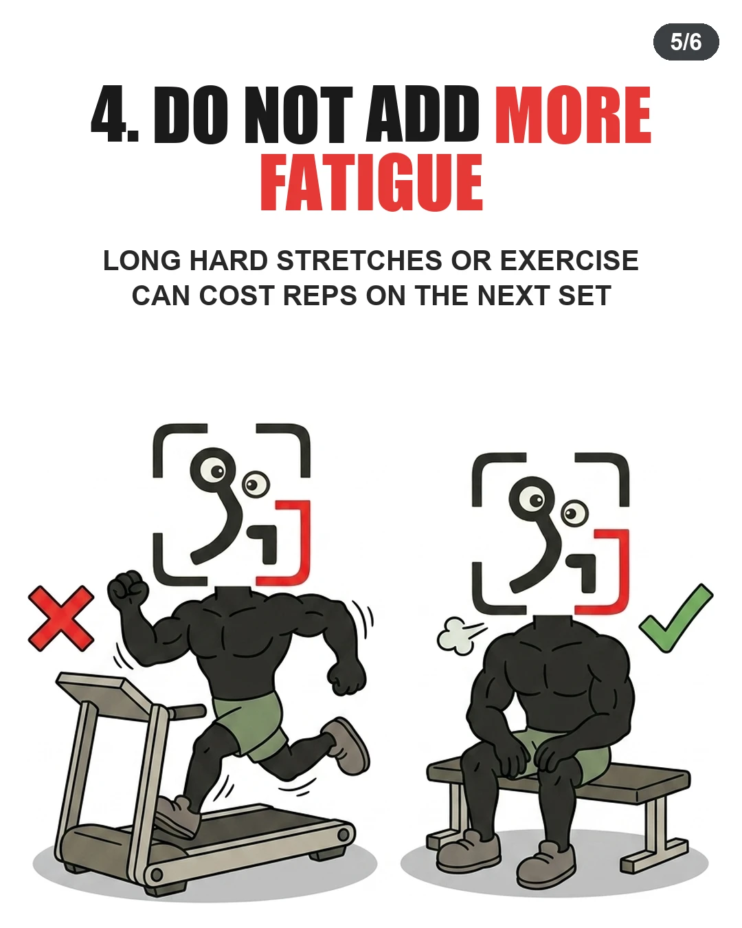 The GainFrame mascot contrasts running on a treadmill with resting calmly on a bench, highlighting the need to avoid extra fatigue.