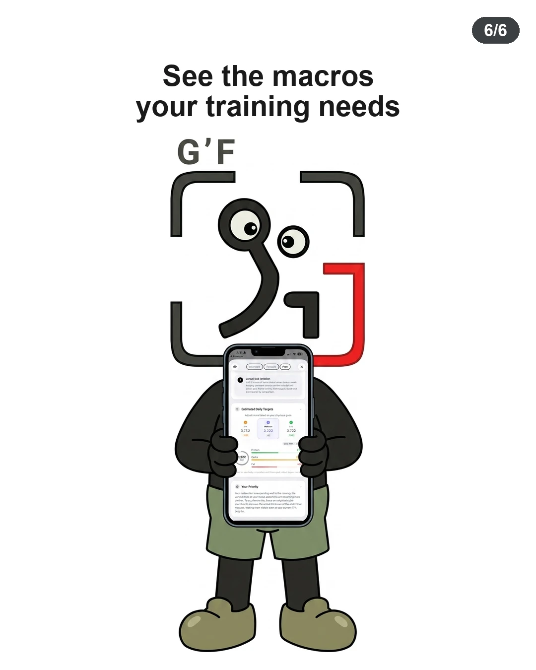 The GainFrame mascot displays a smartphone showing a macro tracking app to help calculate nutrition needs.