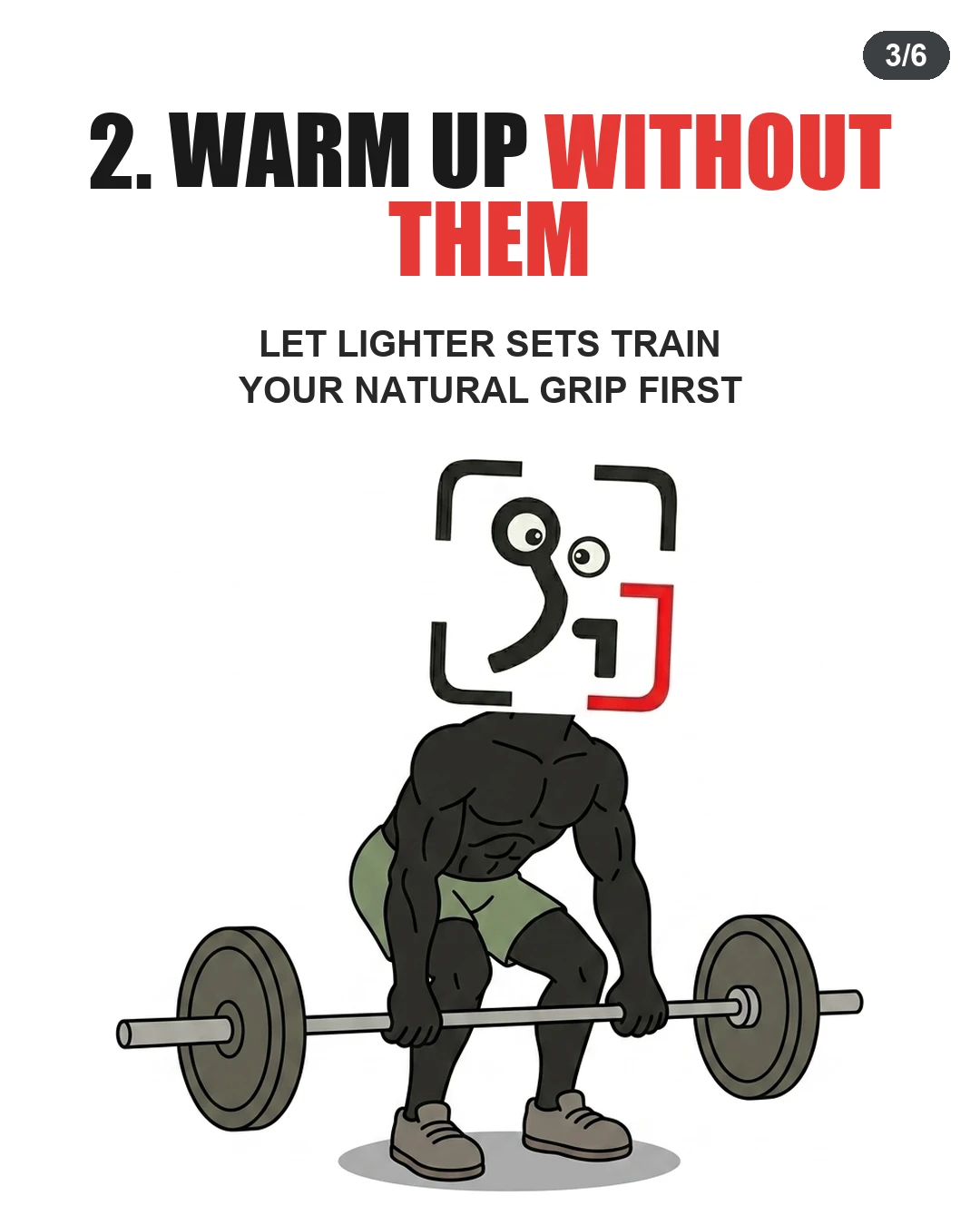 The GainFrame mascot lifts a light barbell with bare hands, demonstrating the importance of warming up without straps to build grip strength.