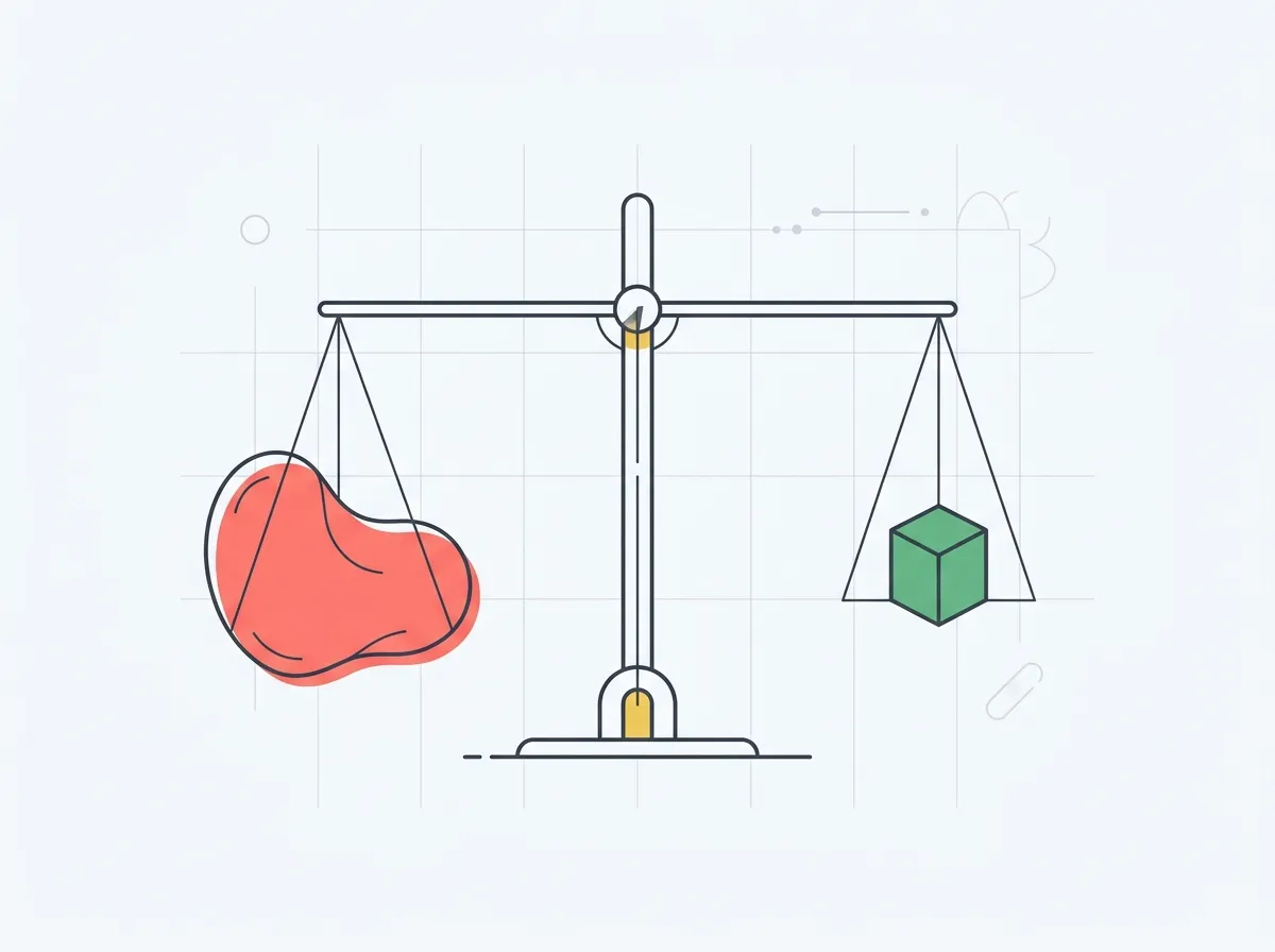A bulky yellow mass representing 10 pounds of fat next to a visibly smaller dense red mass representing 10 pounds of muscle on a balanced scale