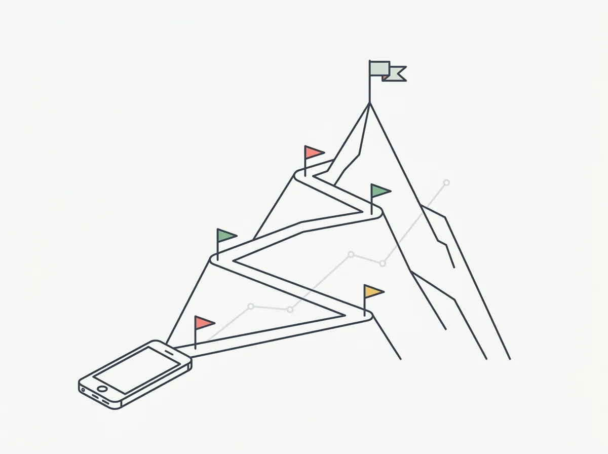 Line-art illustration of a winding path up a mountain with milestone flags at each switchback, starting from a smartphone at the base and ending at a summit flag