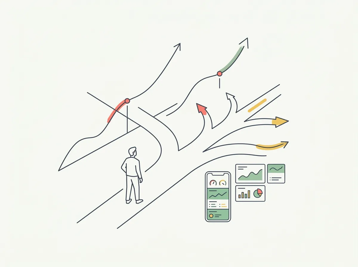 Line-art illustration of a solo app founder facing several branching paths while revenue and analytics charts rise nearby