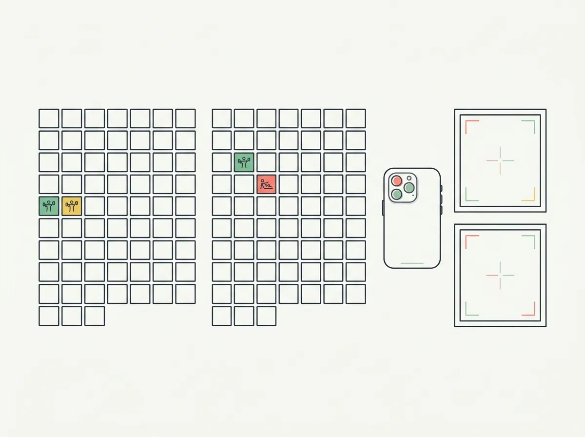 Conceptual habit calendars with workout symbols and aligned photo frames