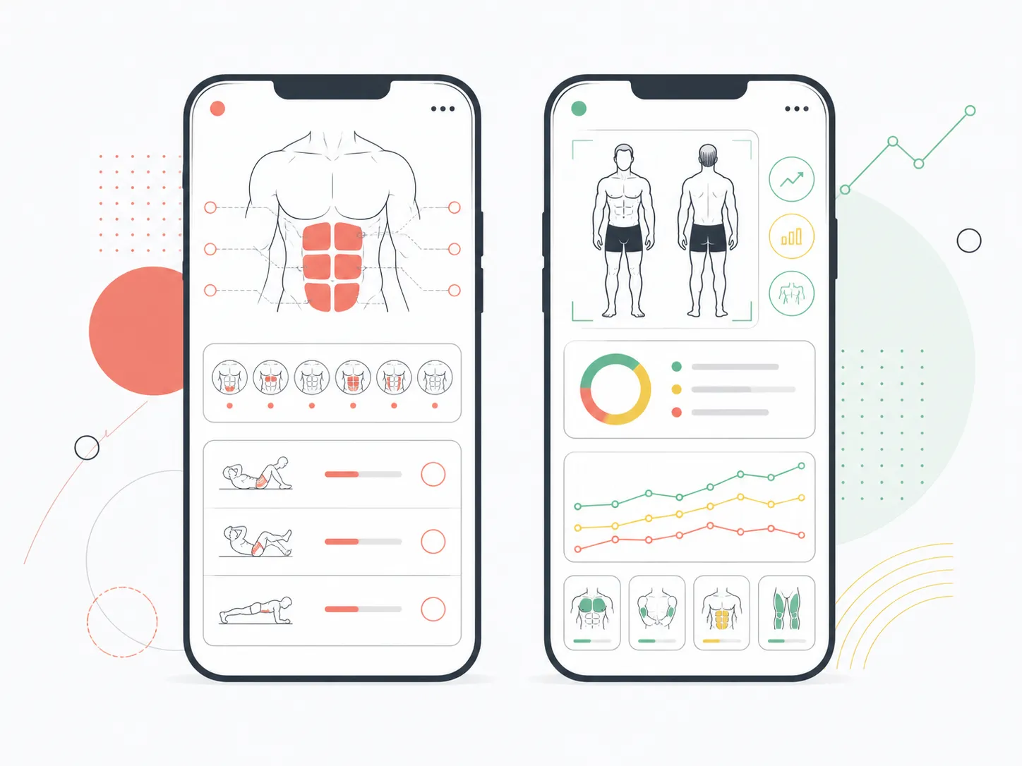 Two illustrated fitness apps comparing an abs-focused training dashboard with a full-body physique and nutrition dashboard
