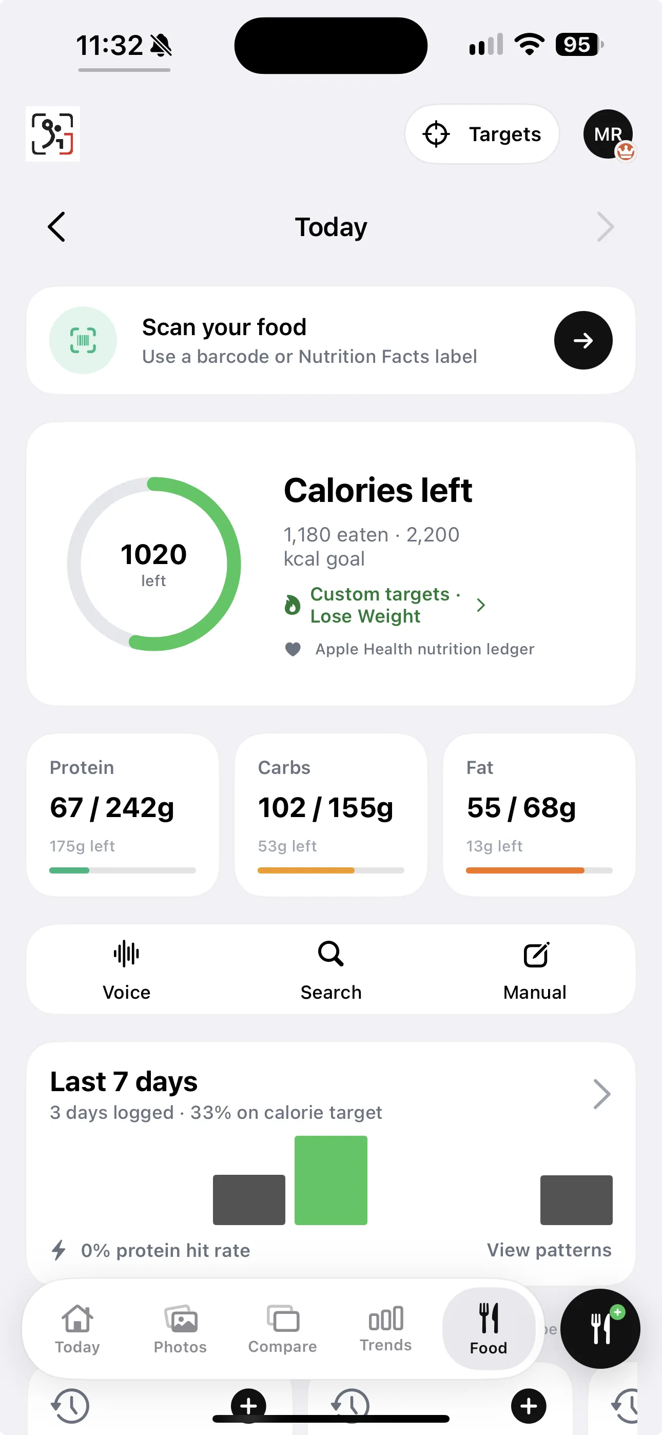 GainFrame Food tab showing food scanning, calories left, protein, carbs, fat, voice, search, manual entry, and seven-day patterns