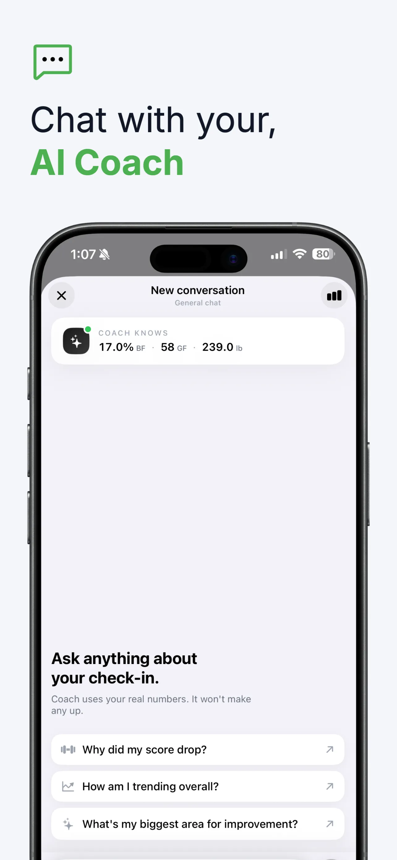 GainFrame AI Coach interface showing current body composition context including body fat percentage and suggested prompts for understanding physique progress