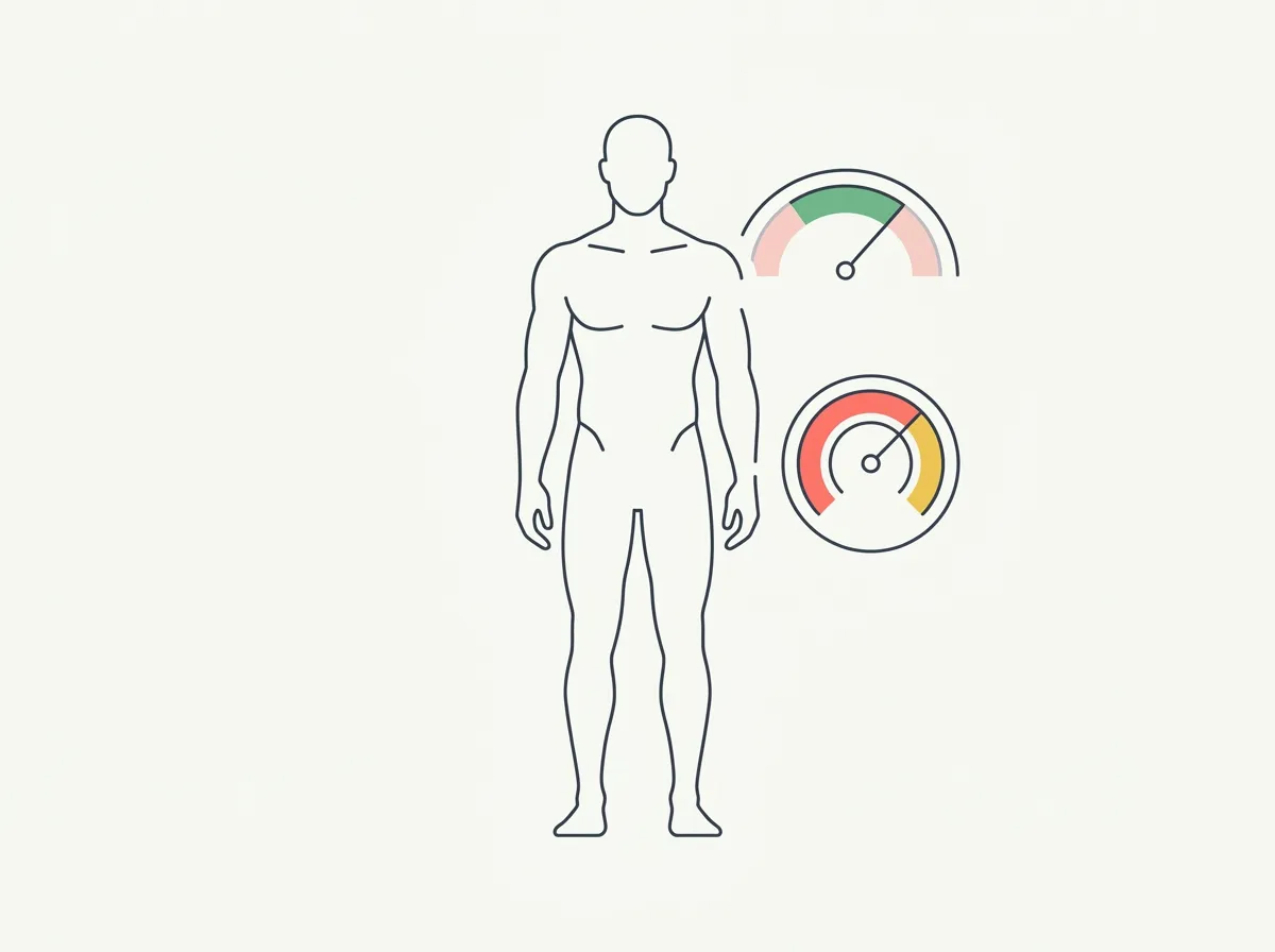 Human body silhouette with two floating gauge dials — one for body fat percentage showing the optimal aesthetic range, one for proportions showing shoulder-to-waist ratio — representing the two-factor equation of aesthetic physique