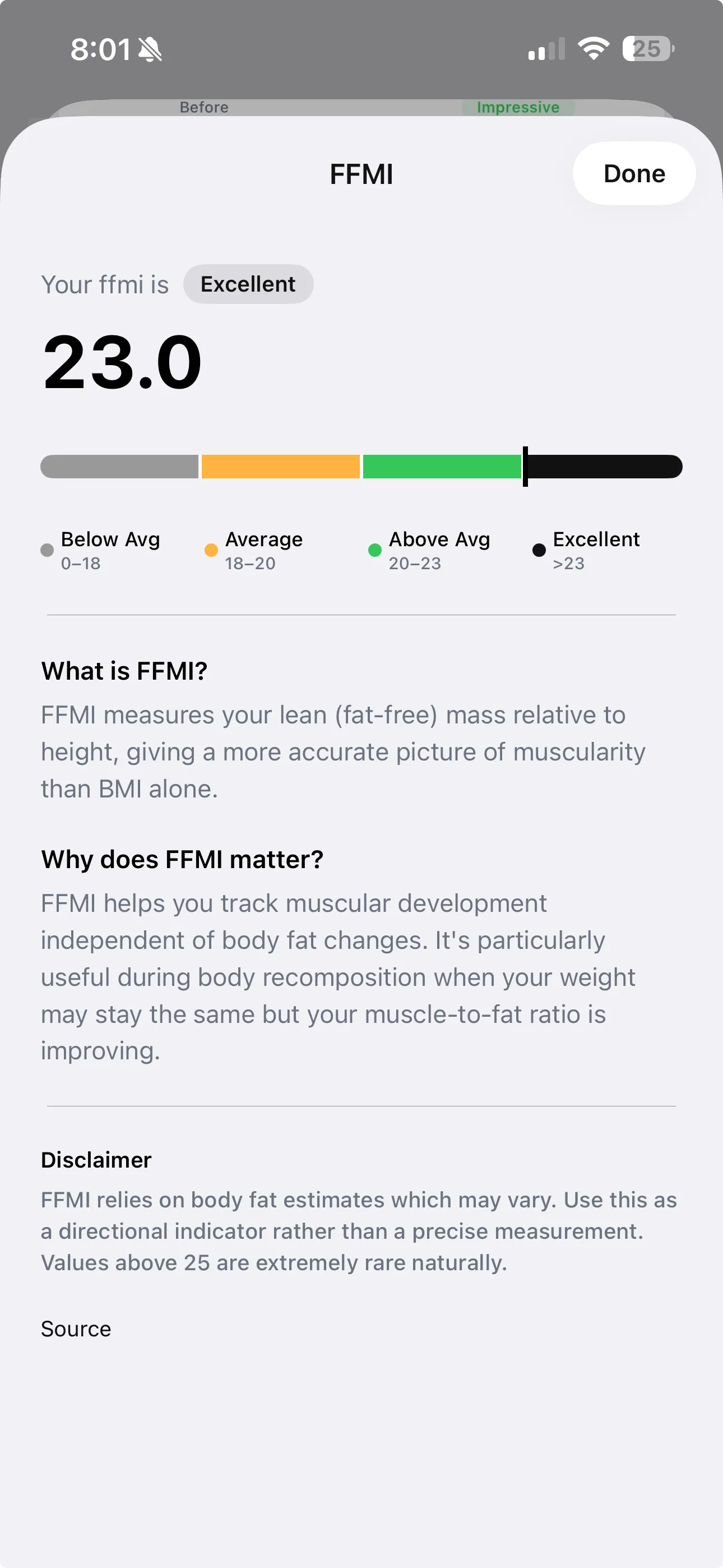 FFMI detail screen showing a score of 23.0 on a range bar from Below Average through Excellent, with definitions explaining what FFMI measures