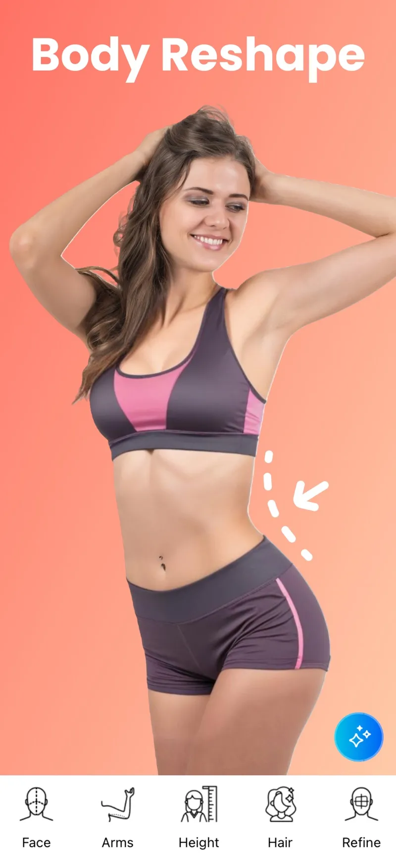 Body Editor's App Store image illustrates a waist reshape with body-editing controls below